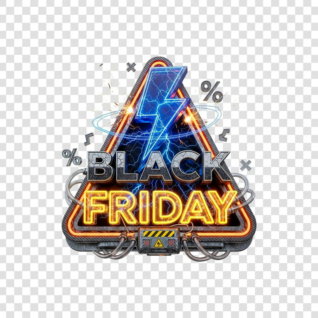 Selo Black Friday Elétrico Neon com Relâmpago Azul e Laranja PNG com fundo transparente
