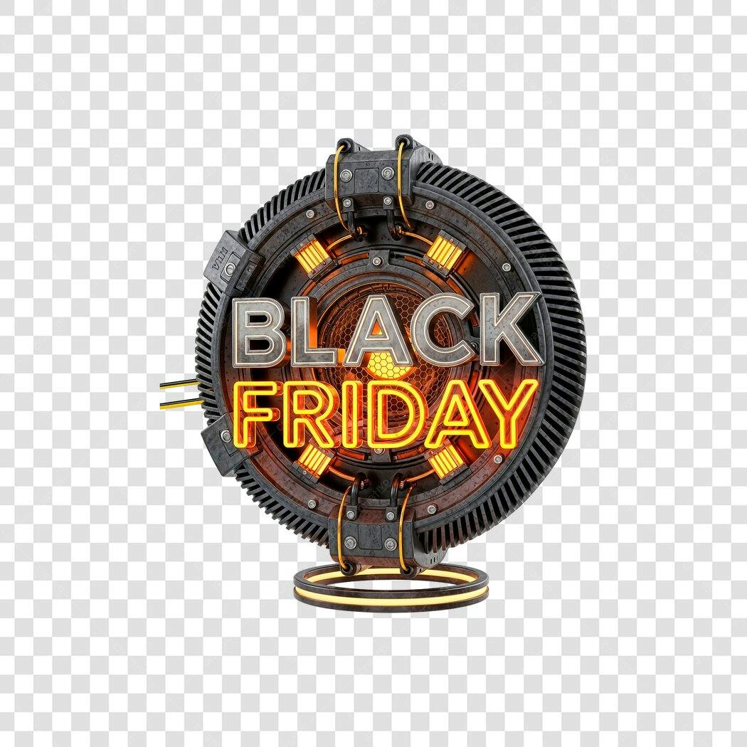 Selo Black Friday futurista com texto neon e detalhes metálicos 3D PNG com fundo transparente