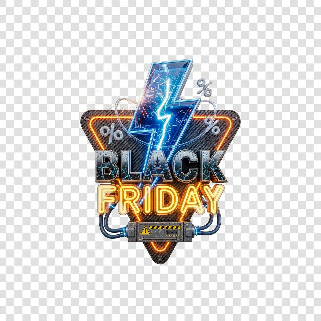 Selo Black Friday Relâmpago Desconto Neon Laranja Azul PNG com fundo transparente