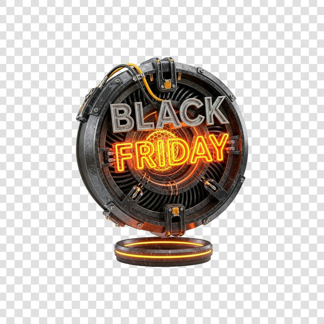 Ícone 3D Black Friday tech com neon laranja brilho PNG com fundo transparente