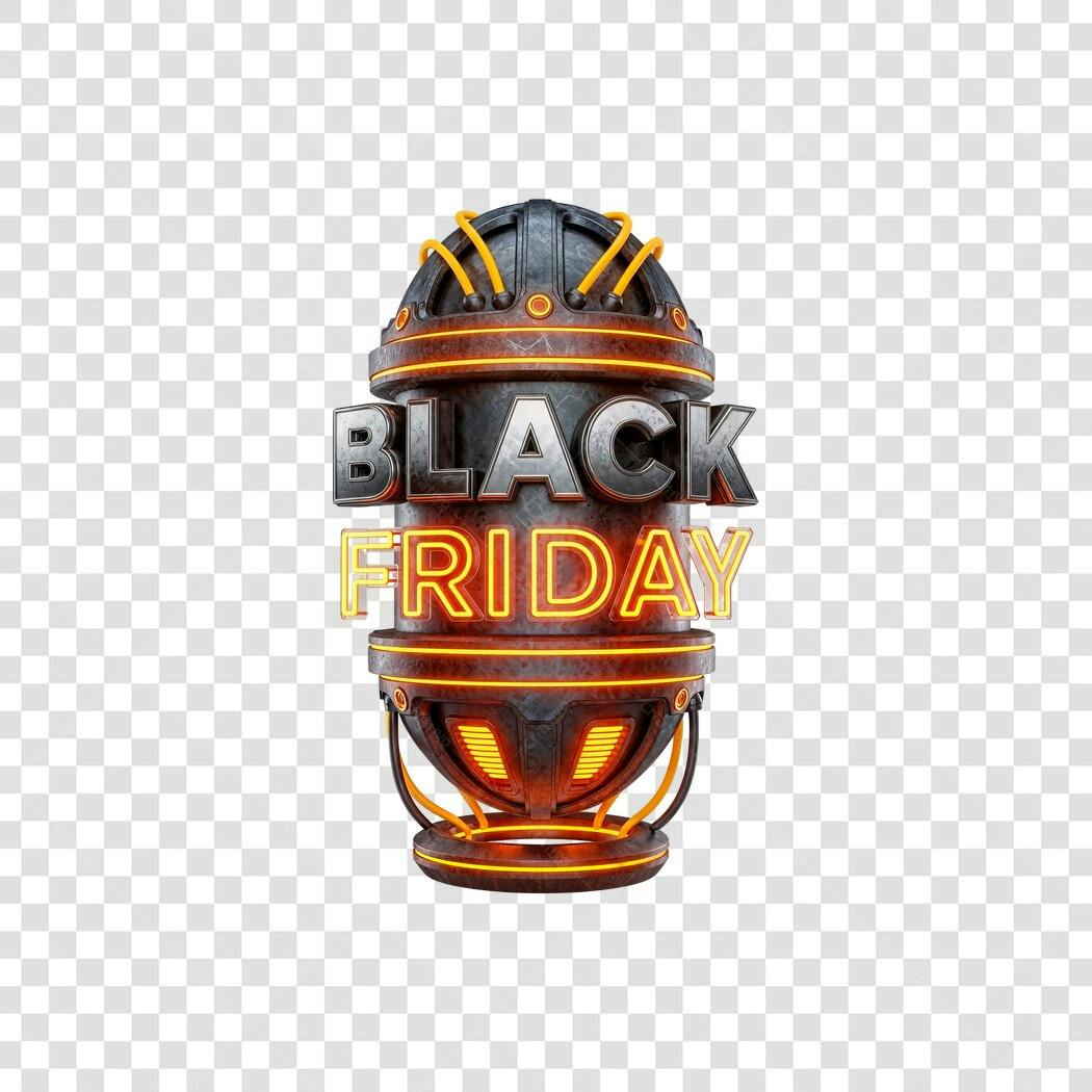 Selo 3D Black Friday com letras neon e efeito metálico PNG com fundo transparente