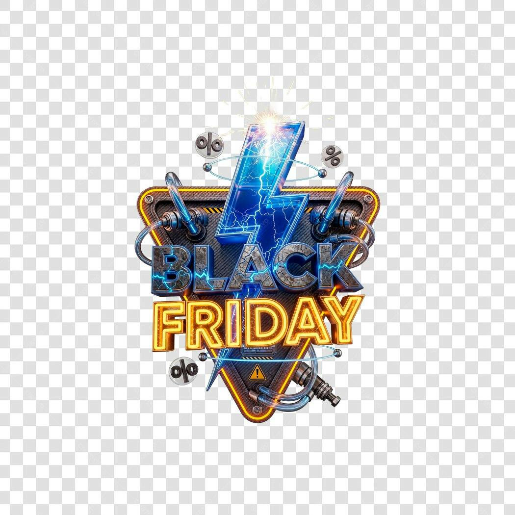 Selo Black Friday elétrico 3D azul dourado com porcentagem PNG com fundo transparente