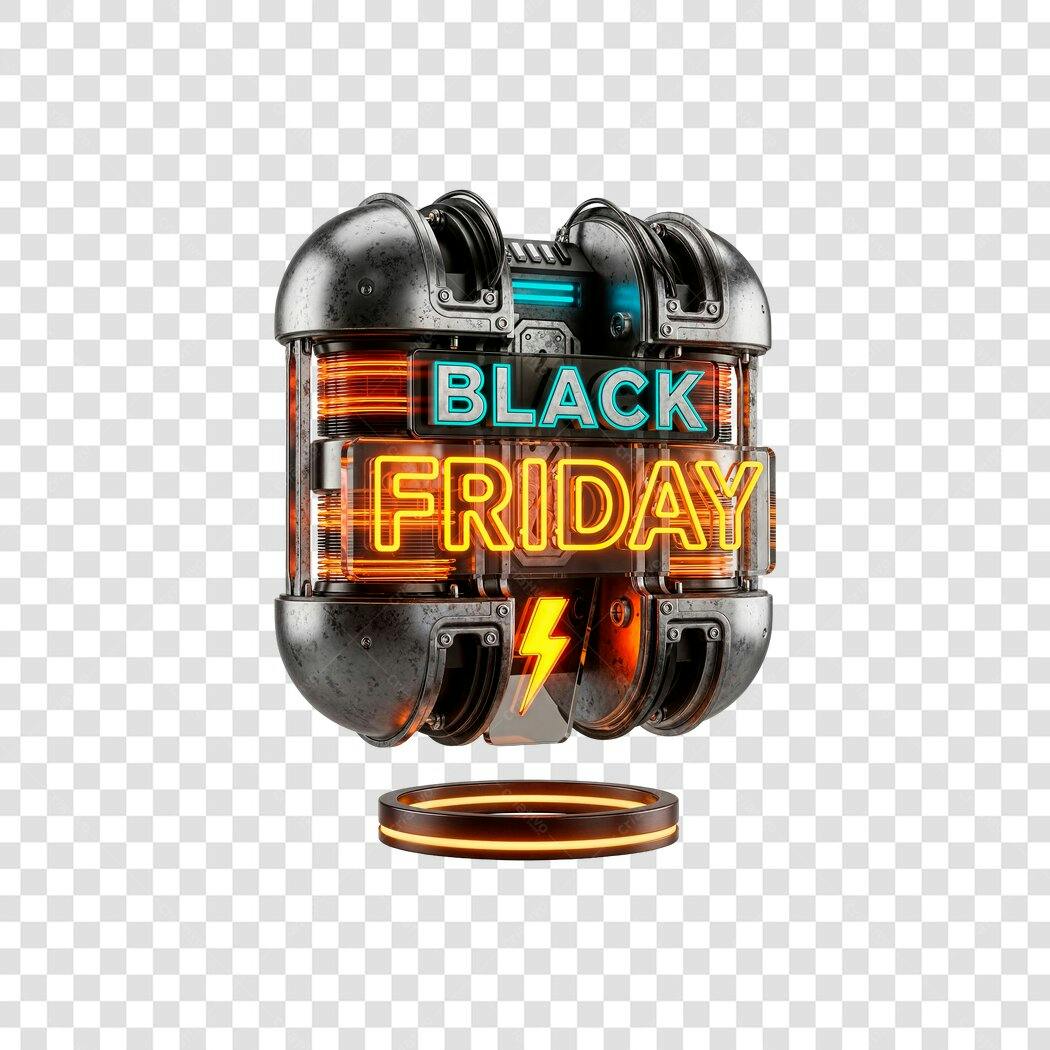 Selo 3D Black Friday Neon Azul Laranja Metálico PNG com Fundo Transparente