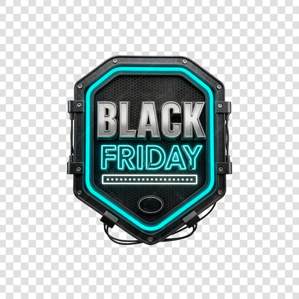 Selo Black Friday futurista neon preto prata azul PNG com fundo transparente