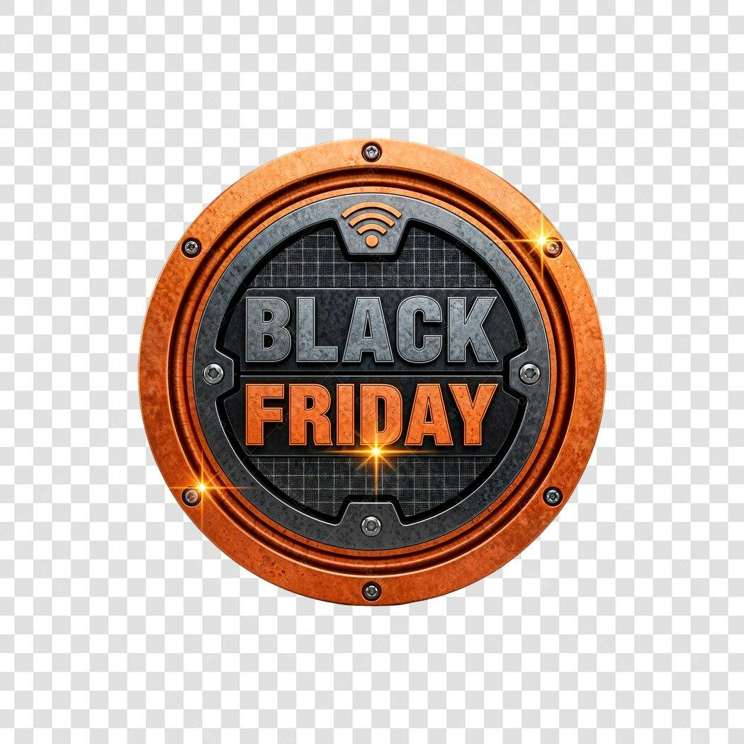 Selo de Black Friday metálico 3D laranja e cinza PNG com fundo transparente