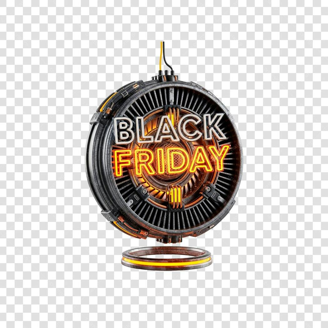 Selo Digital Black Friday Futurista com Neon Laranja e Fundo Transparente PNG