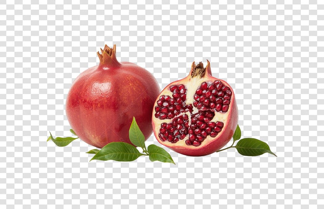 Fruta Romã Inteira e Cortada Vermelha com Folhas PNG com fundo transparente