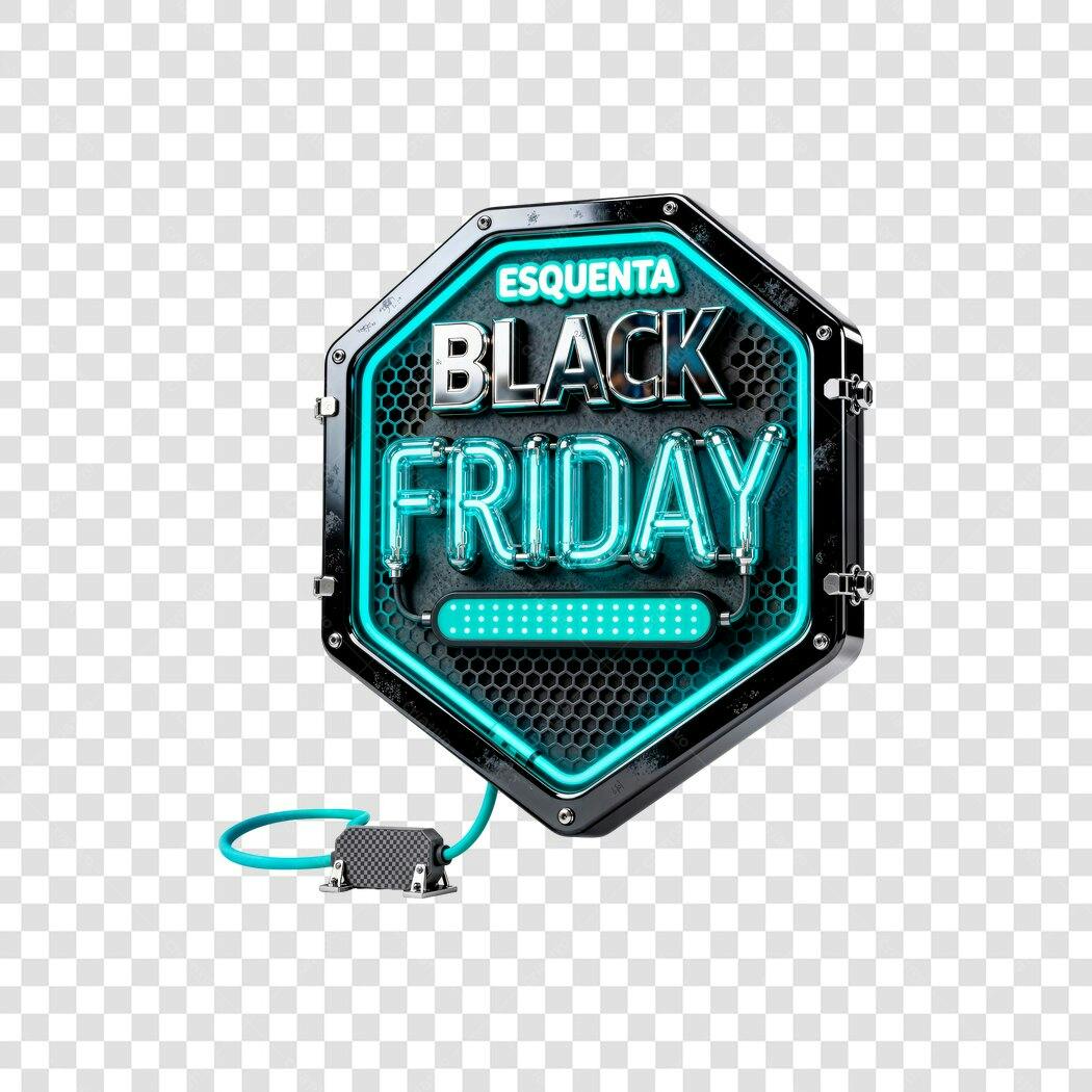Banner Esquenta Black Friday neon azul metálico PNG com fundo transparente