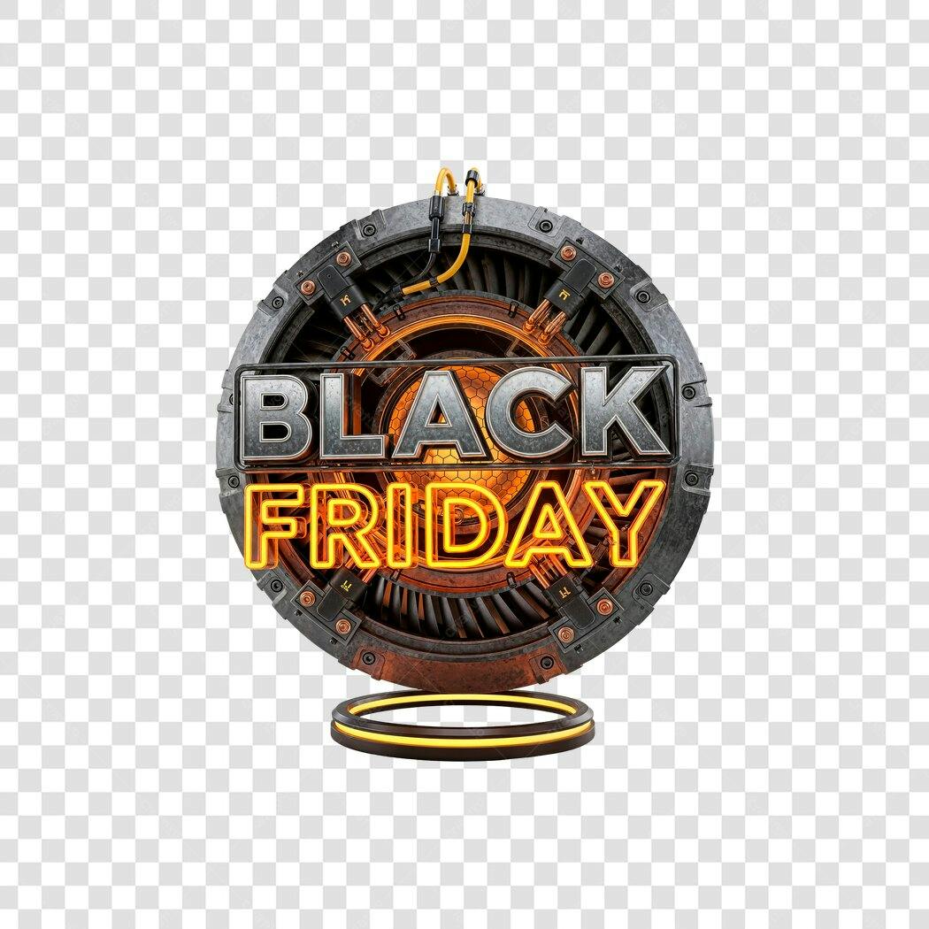 Selo promocional Black Friday industrial com texto neon PNG com fundo transparente