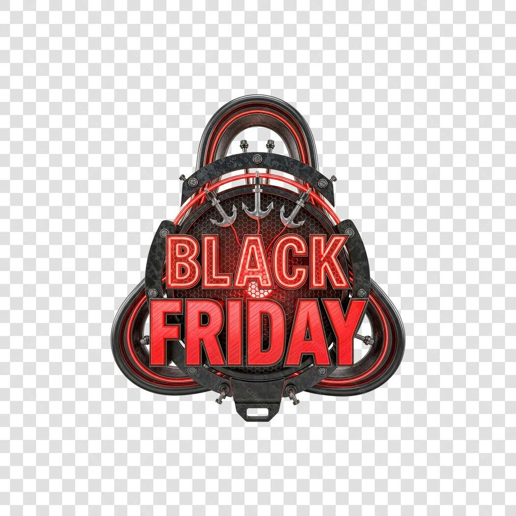 Selo Black Friday estilo industrial metálico neon PNG com fundo transparente