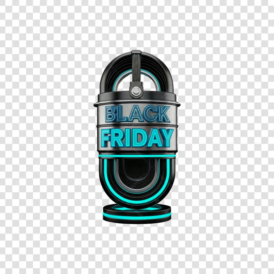 Elemento 3D Black Friday moderno preto prata azul neon PNG com fundo transparente