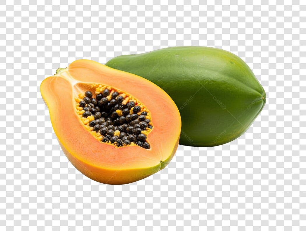 Mamão Fresco Cortado Inteiro Verde Laranja PNG com fundo transparente