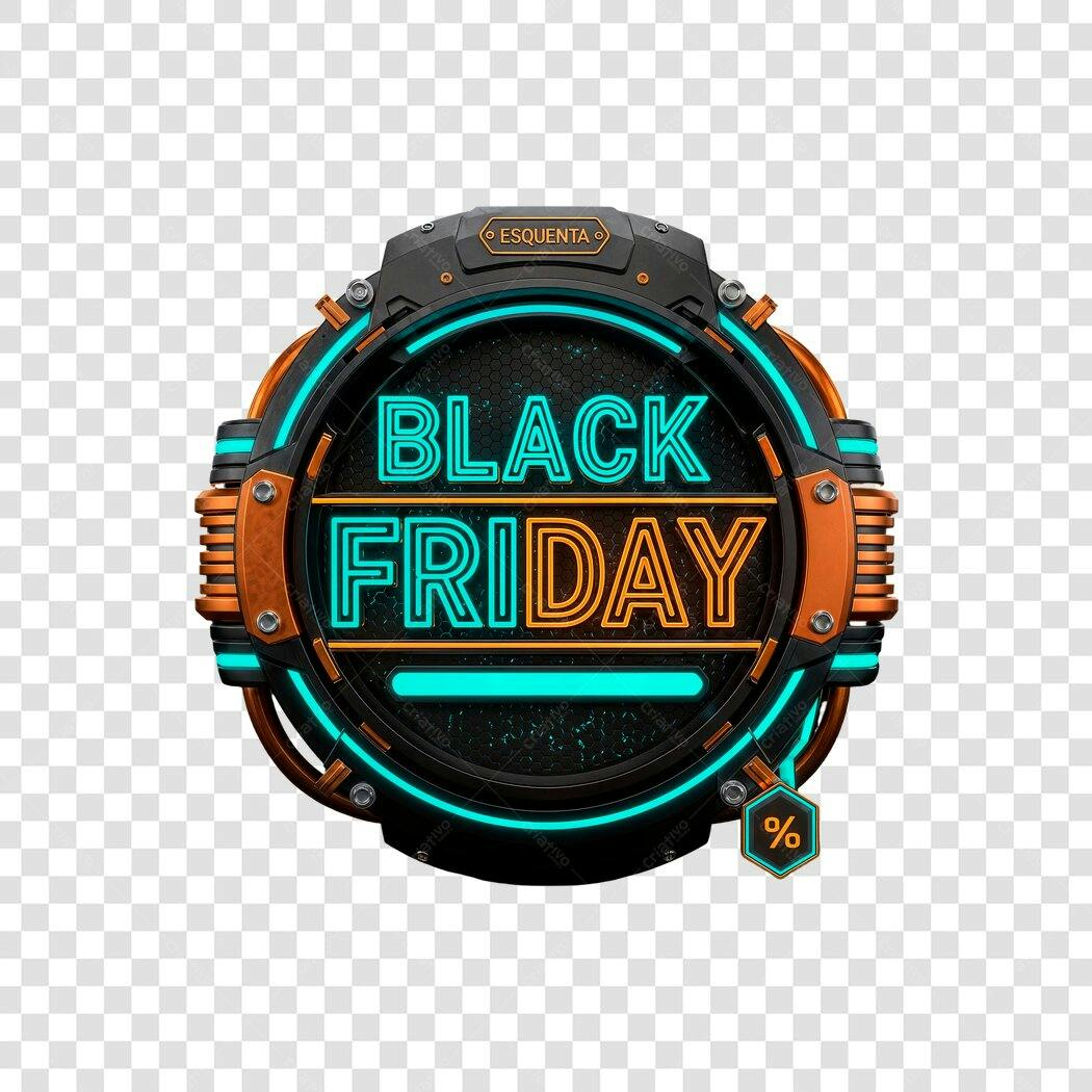 Selo Promocional Esquenta Black Friday Neon Ciano Laranja PNG com fundo transparente