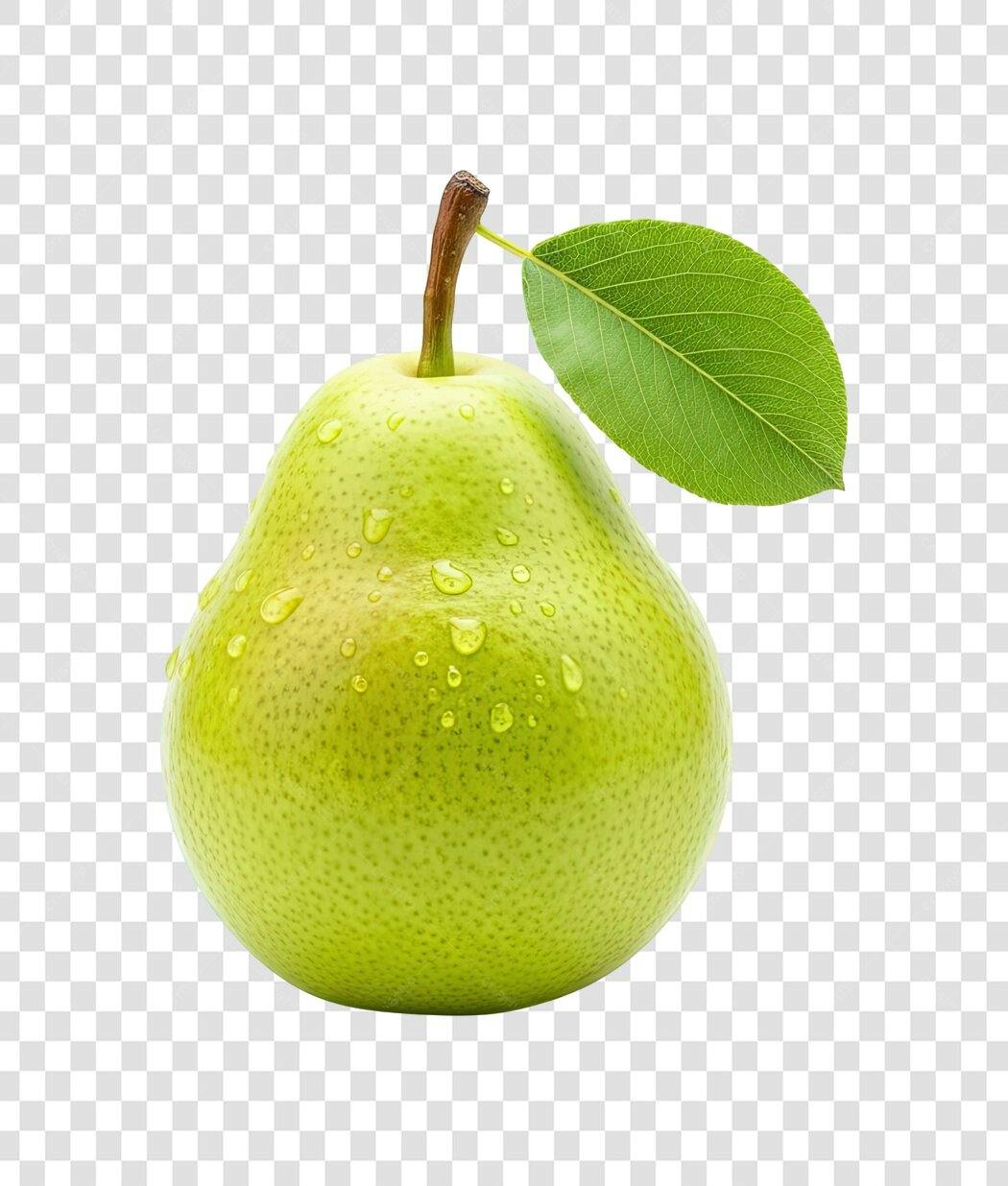 Pera Verde Fresca com Gotas de Água e Folha para Saúde PNG com fundo transparente