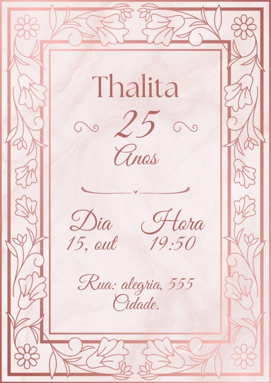 Convite aniversário 25 anos elegante rosé gold floral marmorizado Editável no Canva