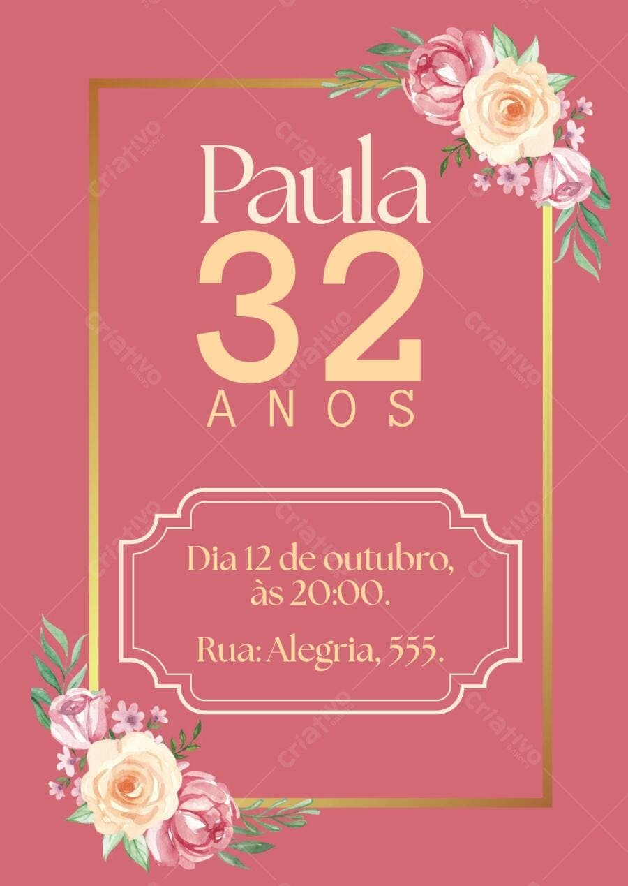 Convite de aniversário adulto feminino rose gold floral Editável no Canva