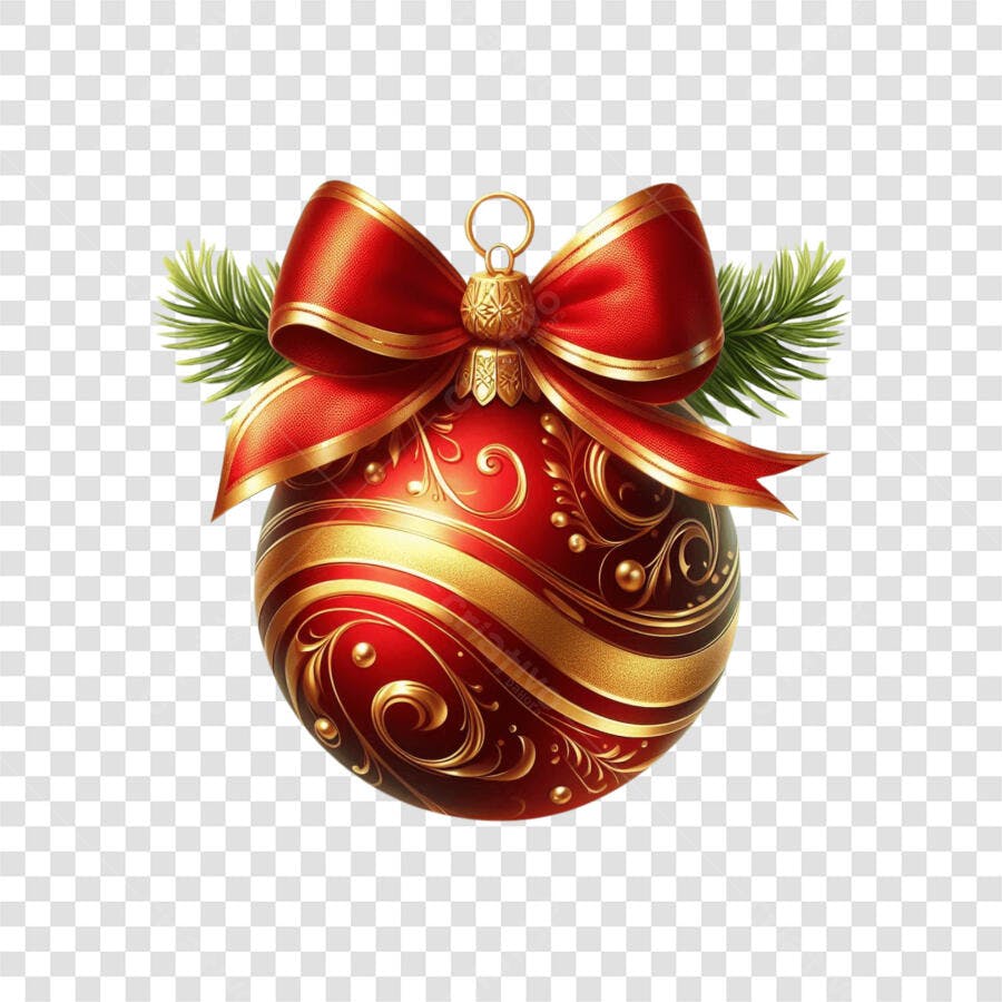 Icone Bola de Natal Vermelha Dourada com Laço e Pinheiro PNG com fundo transparente