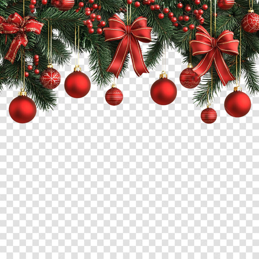 Decoração de Natal Ramos Pinheiro Bolas Laços Vermelhos PNG fundo transparente