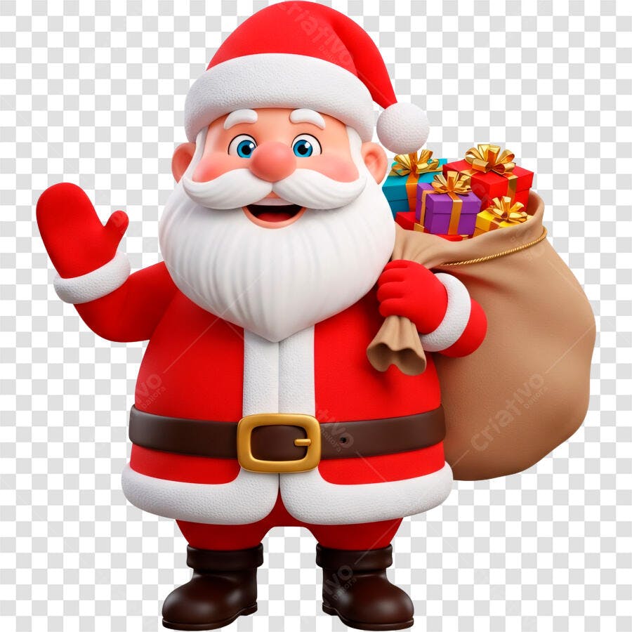Ilustração 3D Papai Noel Feliz com Saco de Presentes Natal PNG com fundo transparente