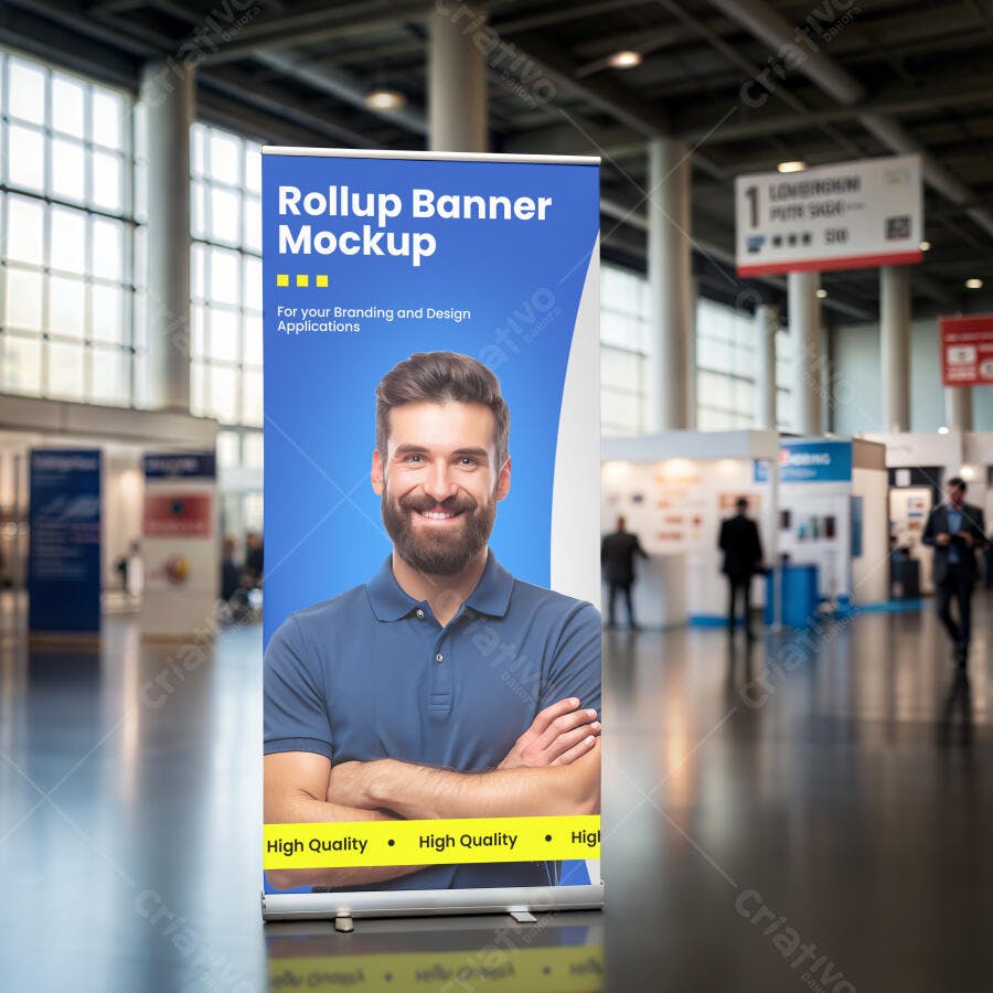 Mockup Realista Rollup Banner Profissional com Homem Barbudo em Evento Azul