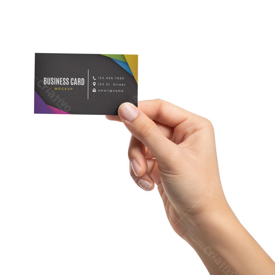 Mockup Realista de Cartão de Visita Preto e Colorido em Mão Feminina