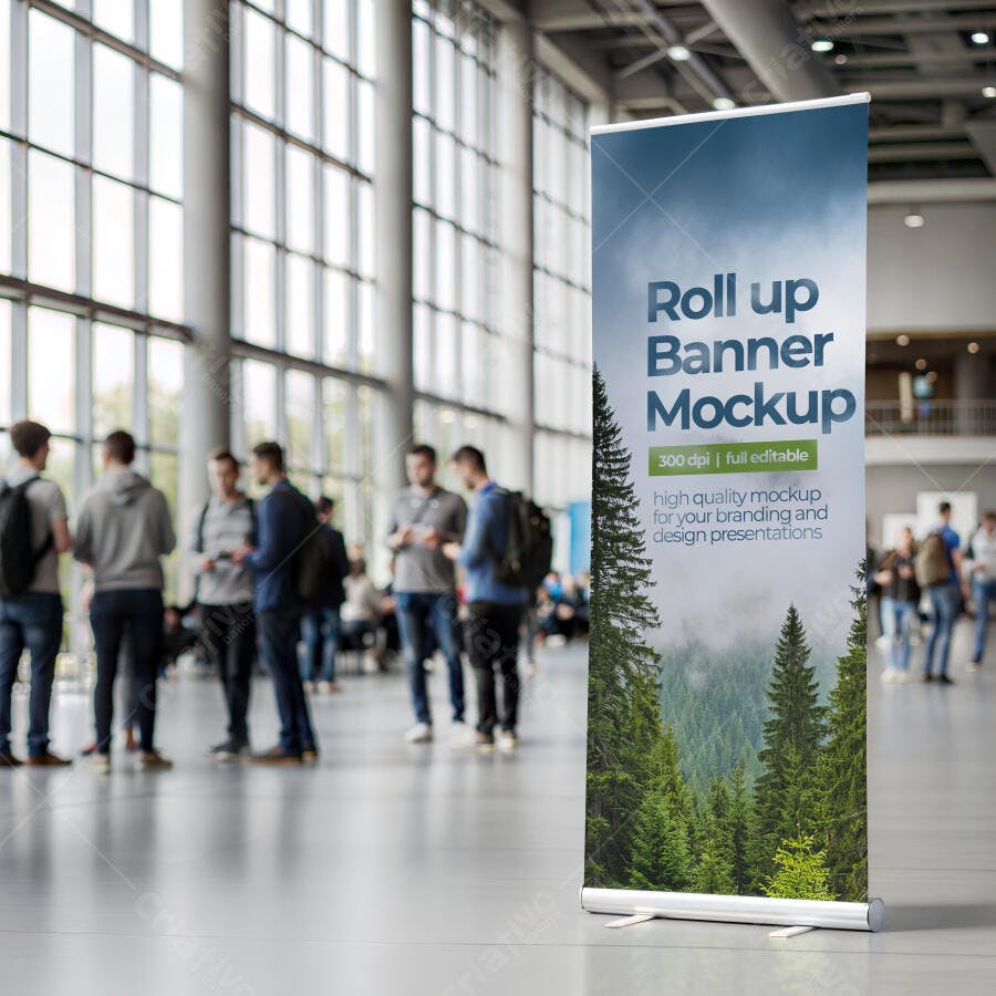 Mockup Realista de Roll Up Banner Vertical em Lobby Moderno de Evento Corporativo