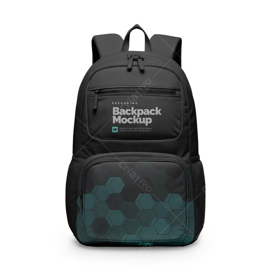 Mockup de Mochila Preta Realista com Detalhe Hexagonal Teal para Branding Esportivo