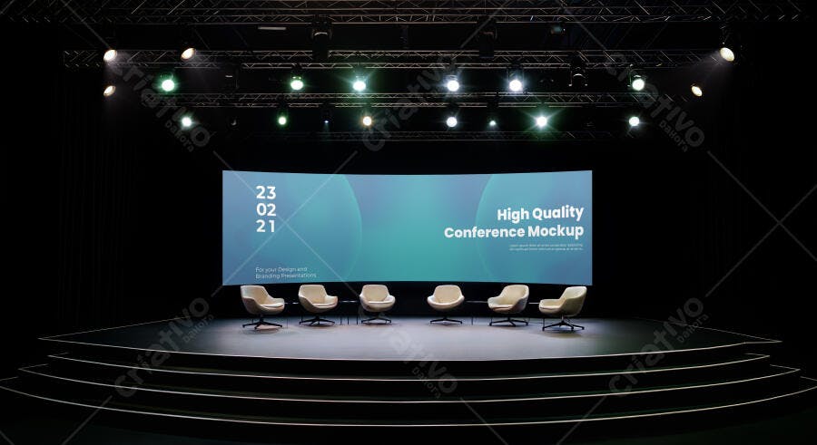 Mockup de Palco Moderno para Conferência com Tela Curva Grande e Cadeiras Brancas