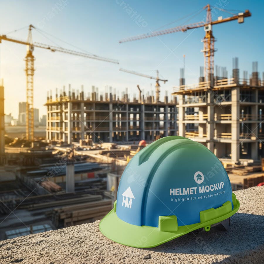 Mockup Capacete de Segurança Azul e Verde em Canteiro de Obras Realista