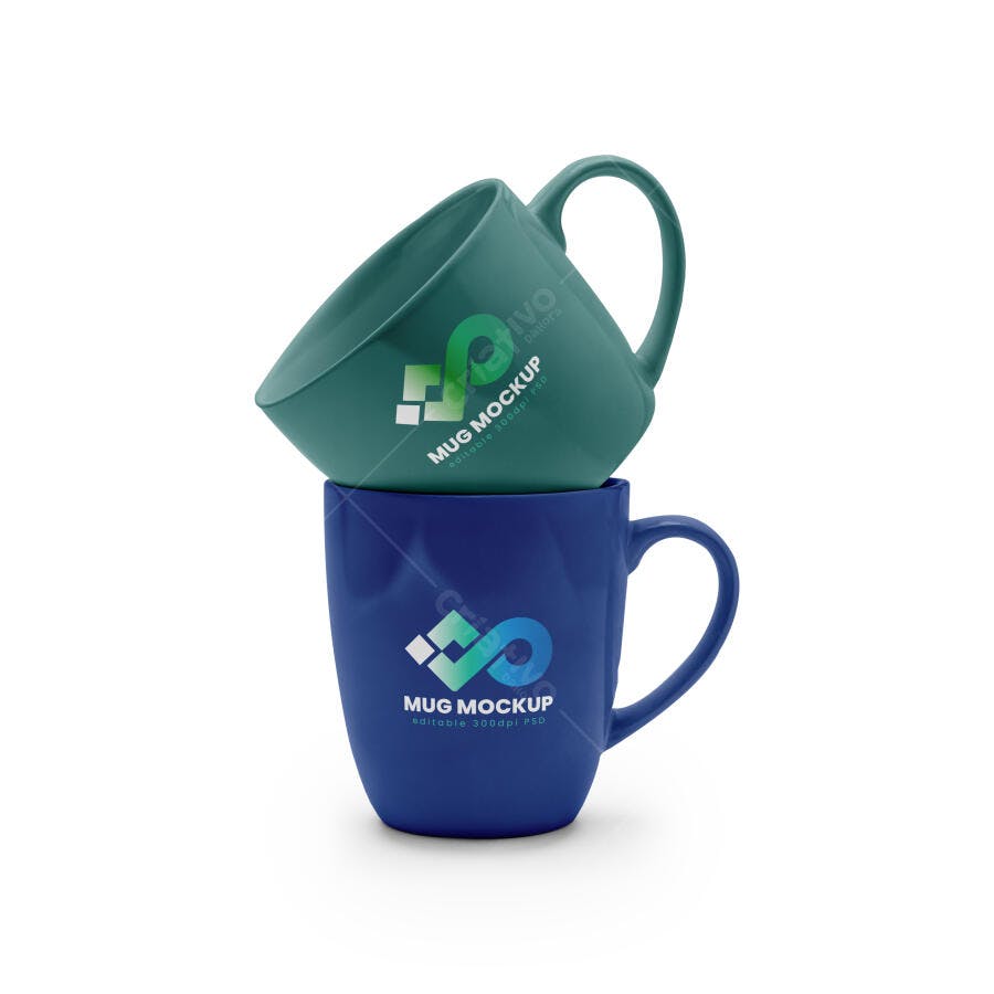 Mockup de Canecas Empilhadas Azuis e Verdes Escuro para Branding e Logo
