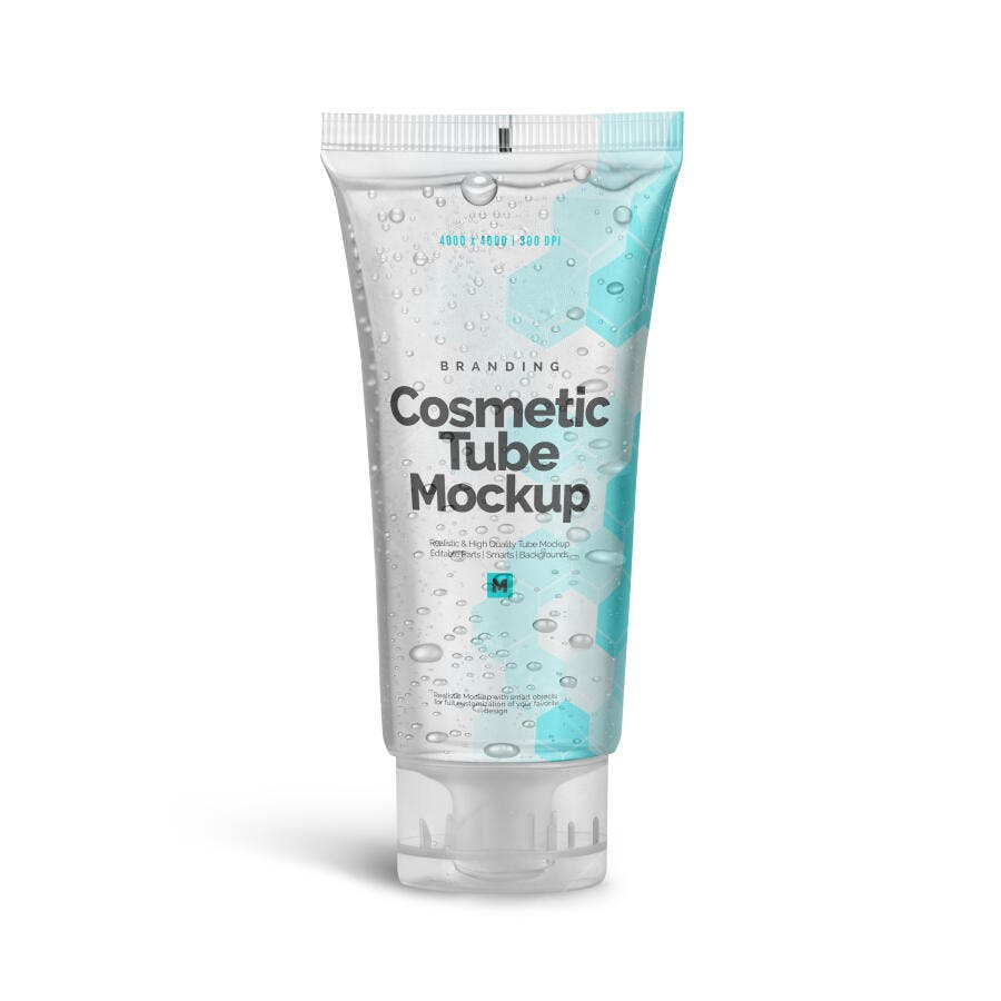 Mockup Realista de Tubo Cosmético Transparente com Gotas de Água e Detalhes Azuis