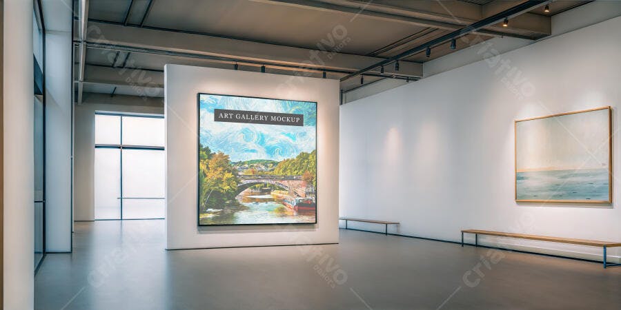 Mockup de Galeria de Arte Moderna com Poster Grande e Ambiente Minimalista