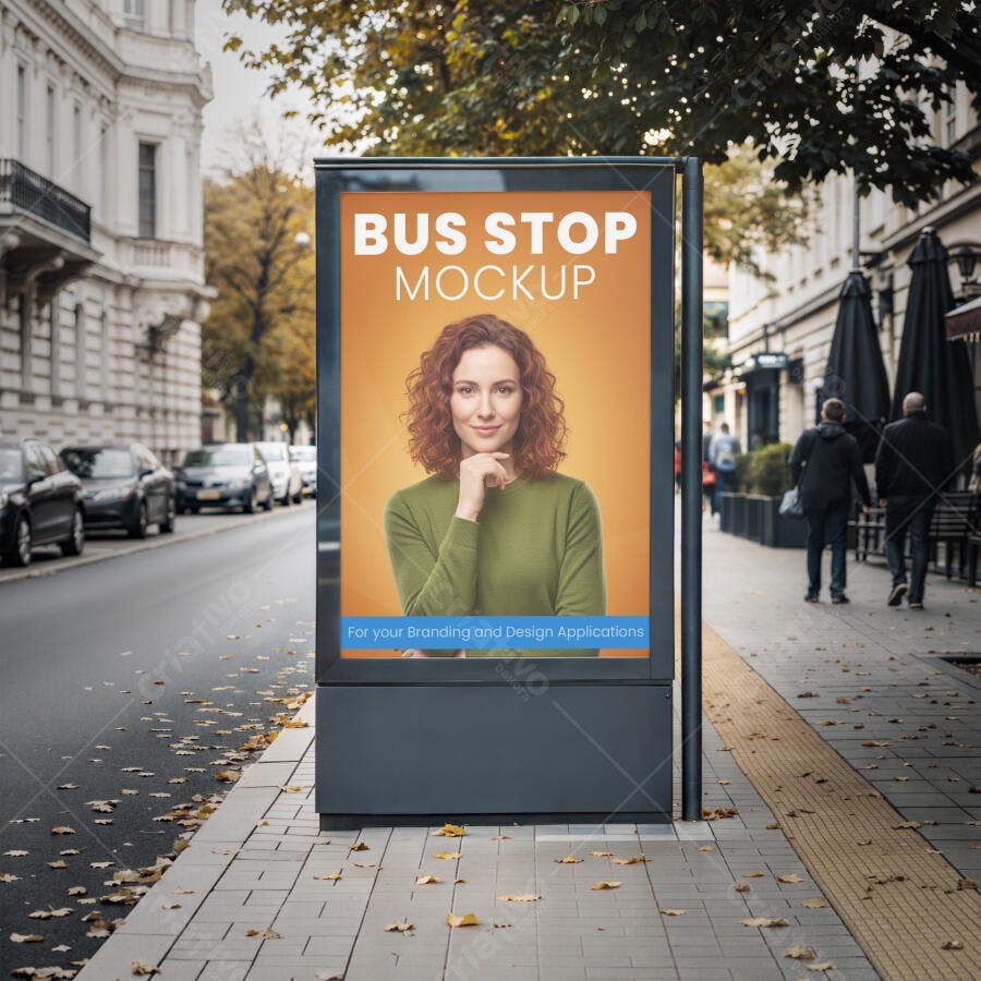 Mockup Realista Painel Publicitário de Rua com Mulher Ruiva em Parada de Ônibus