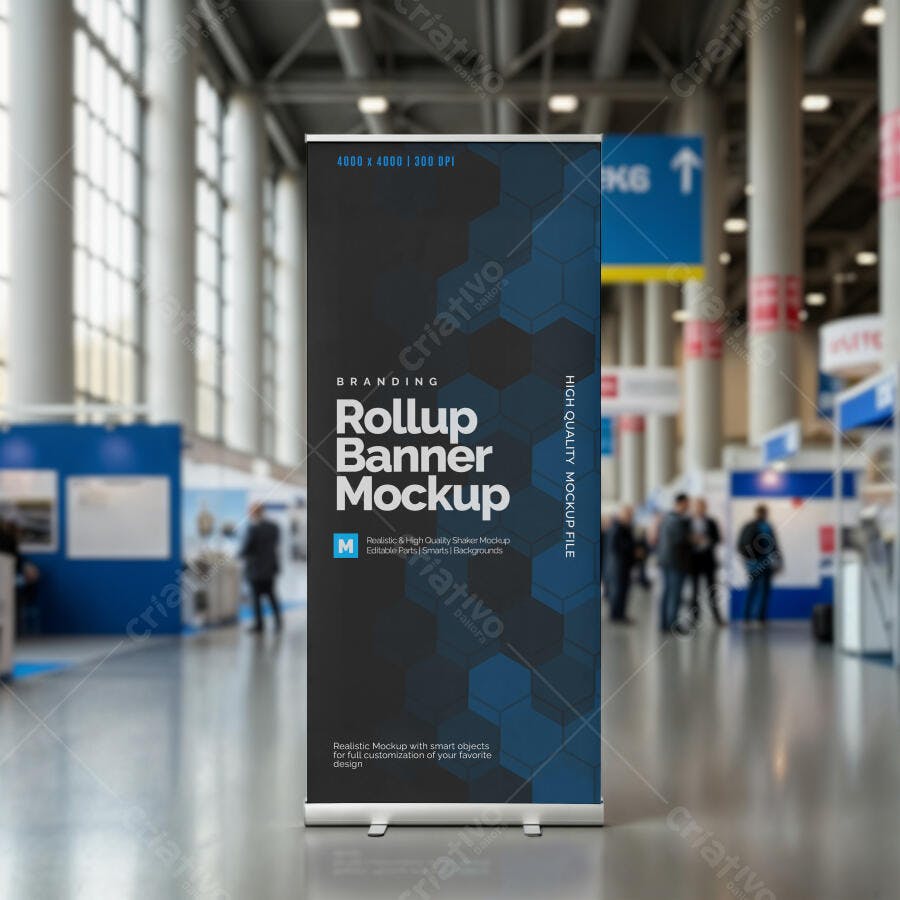 Mockup Rollup Banner Vertical Realista em Ambiente de Eventos Corporativos Moderno