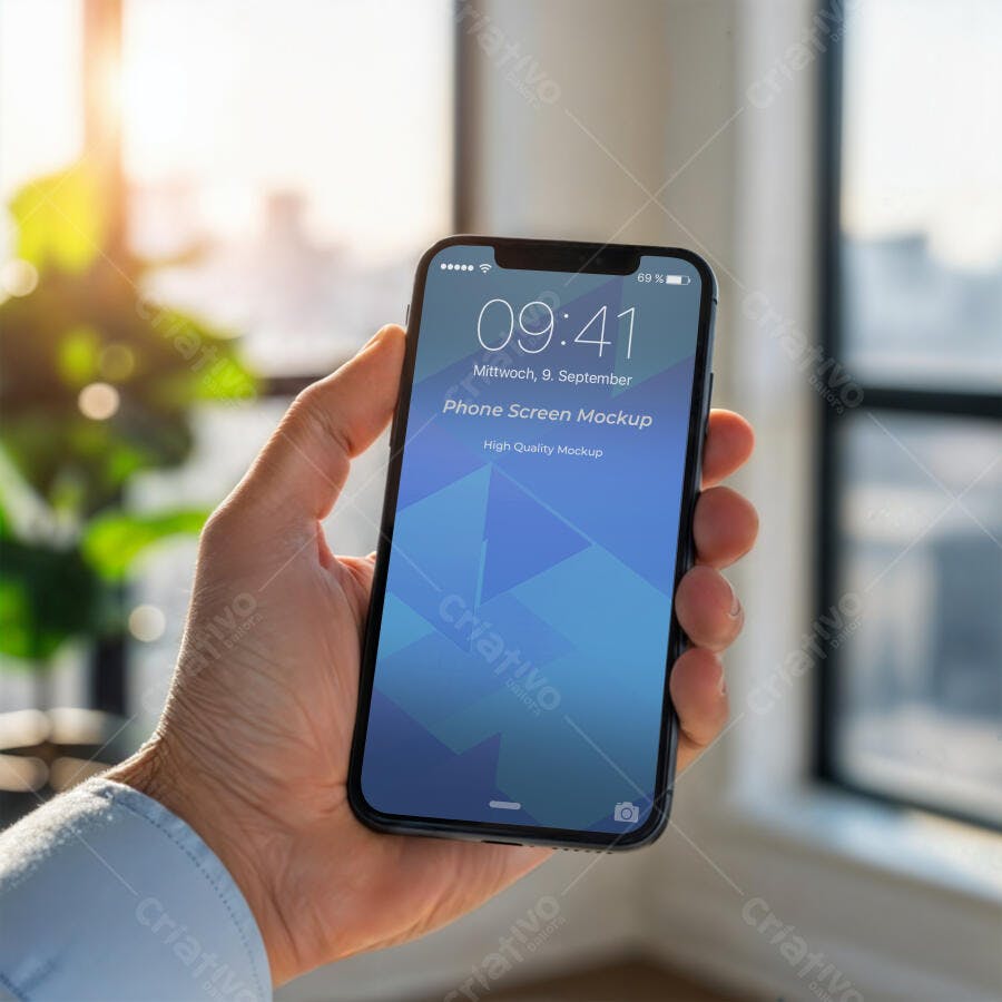Mockup Realista de Smartphone Moderno na Mão com Tela Azul em Ambiente Ensolarado