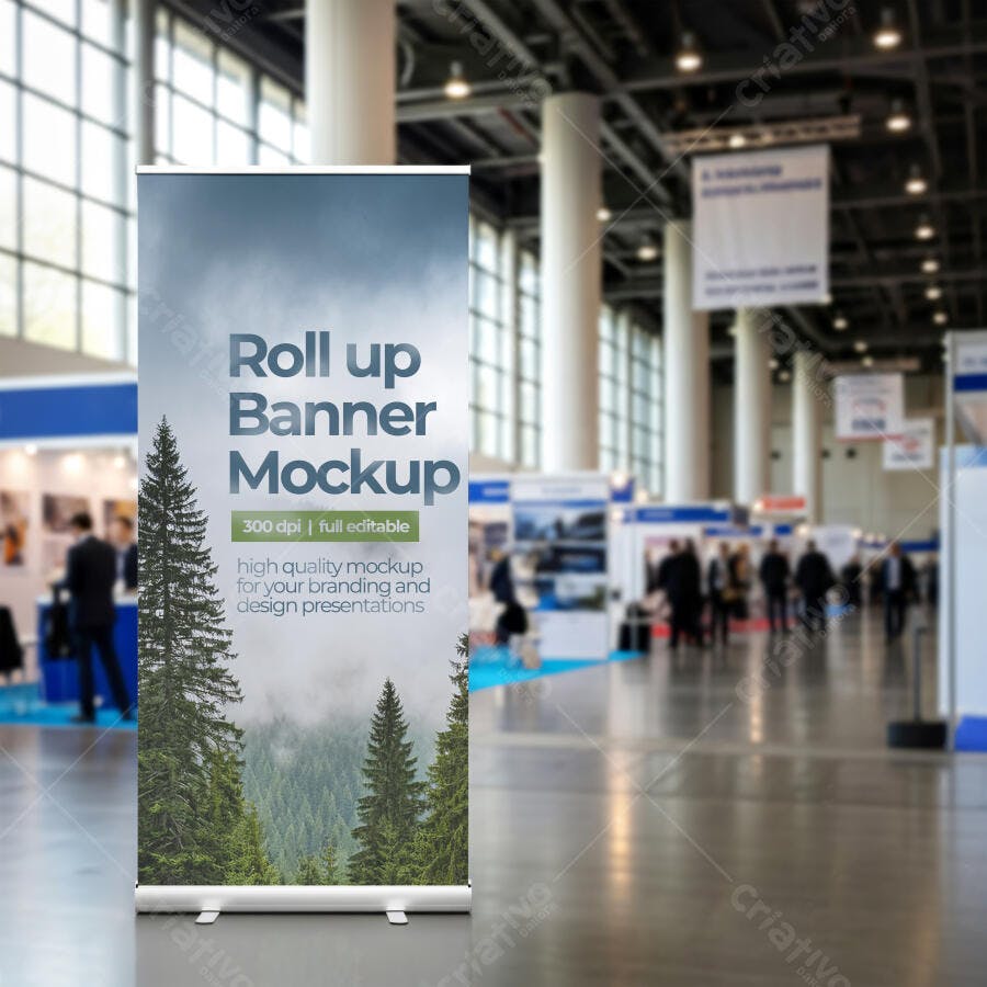 Mockup Roll-up Banner Vertical Realista em Feira Evento Corporativo