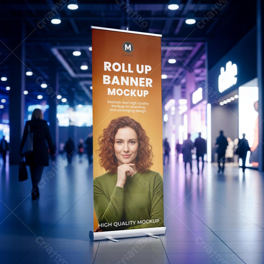 Mockup Roll Up Banner Vertical Moderno com Mulher Ruiva em Fundo de Evento