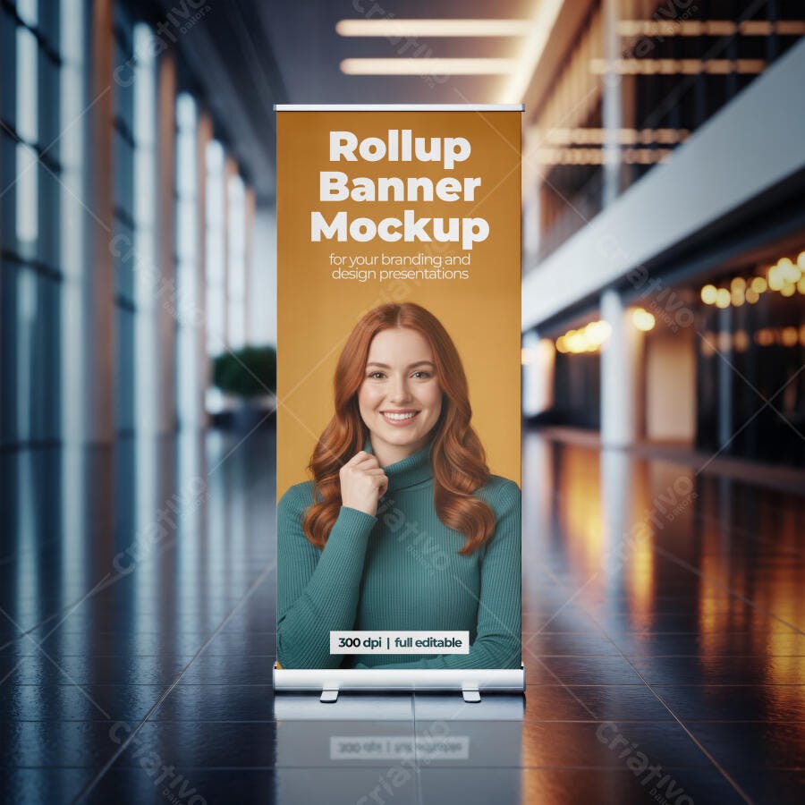 Mockup Realista de Rollup Banner Vertical com Mulher Profissional em Ambiente Corporativo