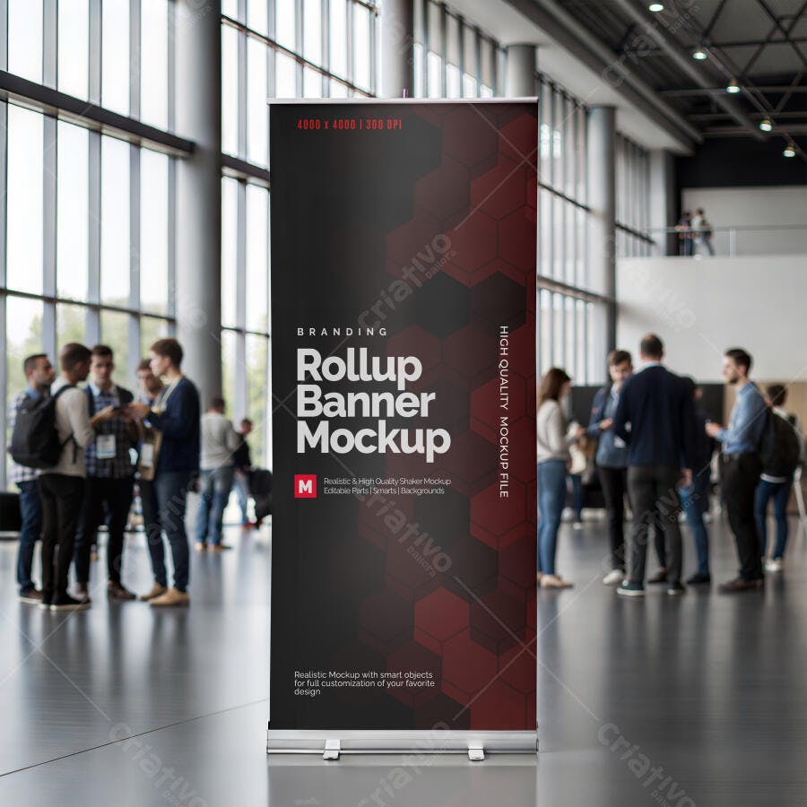 Mockup Rollup Banner Realista em Evento Corporativo com Profissionais Modernos