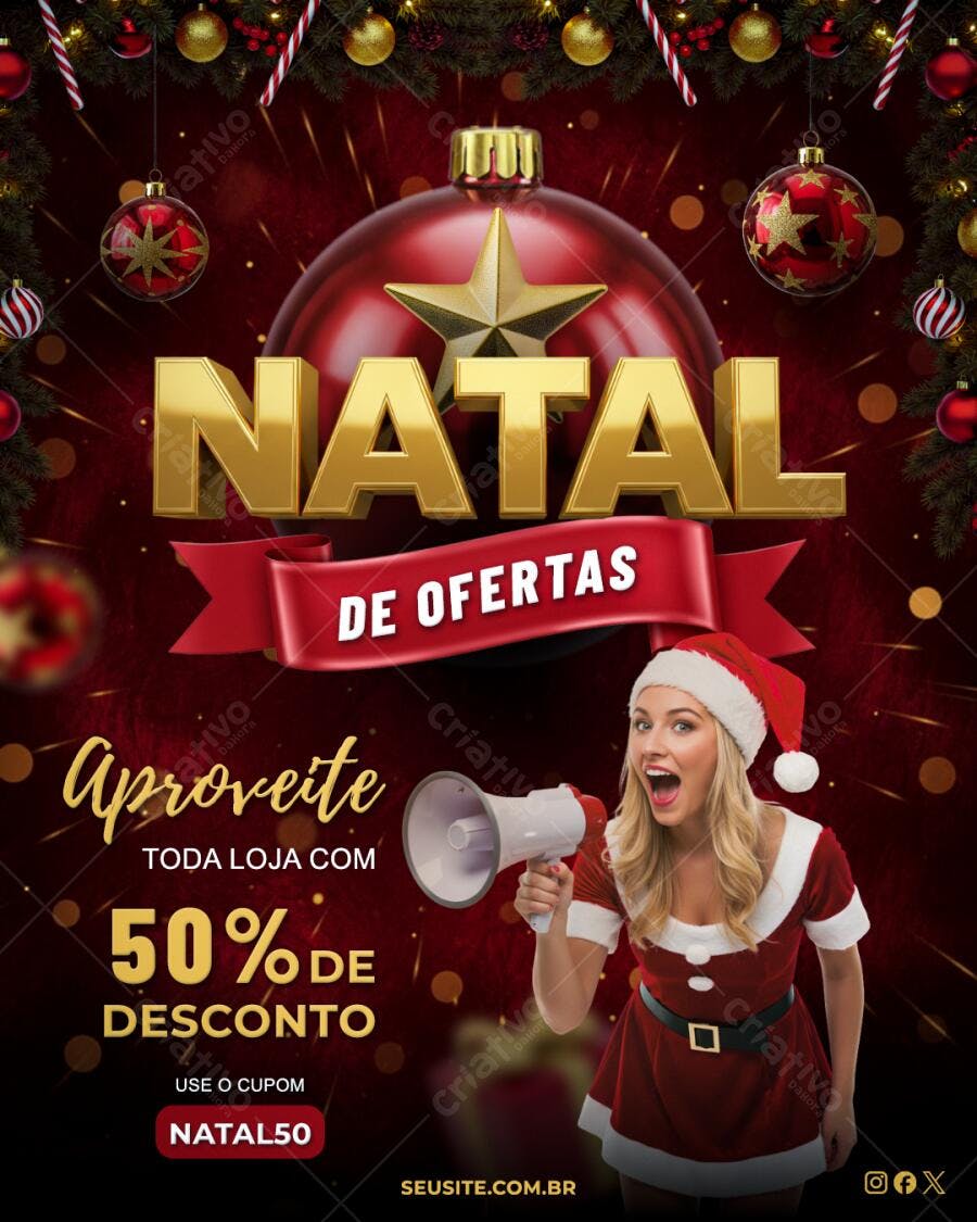 Flyer para Natal de Ofertas com Garota Papai Noel PSD Editável