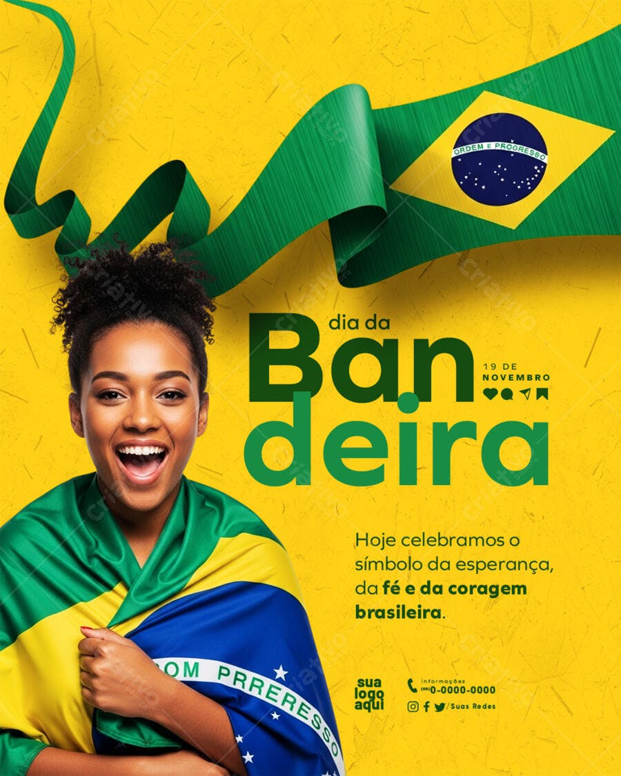 Flyer Dia da Bandeira Brasil Mulher Negra Alegre PSD Editável