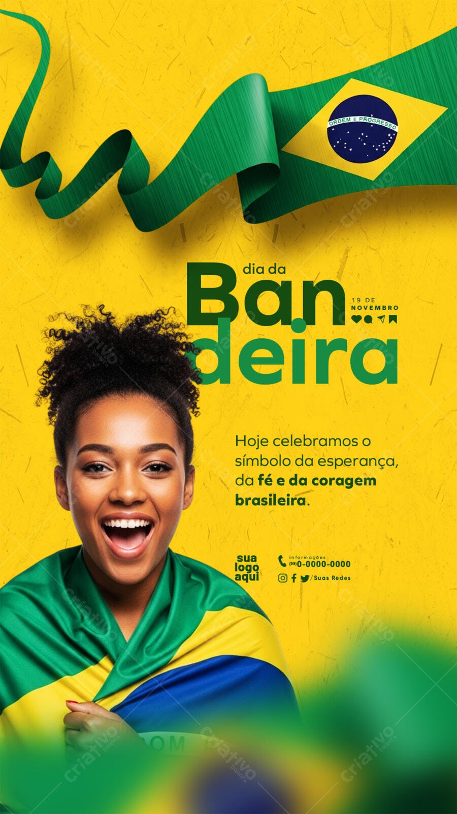 Flyer Dia da Bandeira Brasil com Mulher Jovem Negra Sorrindo PSD Editável