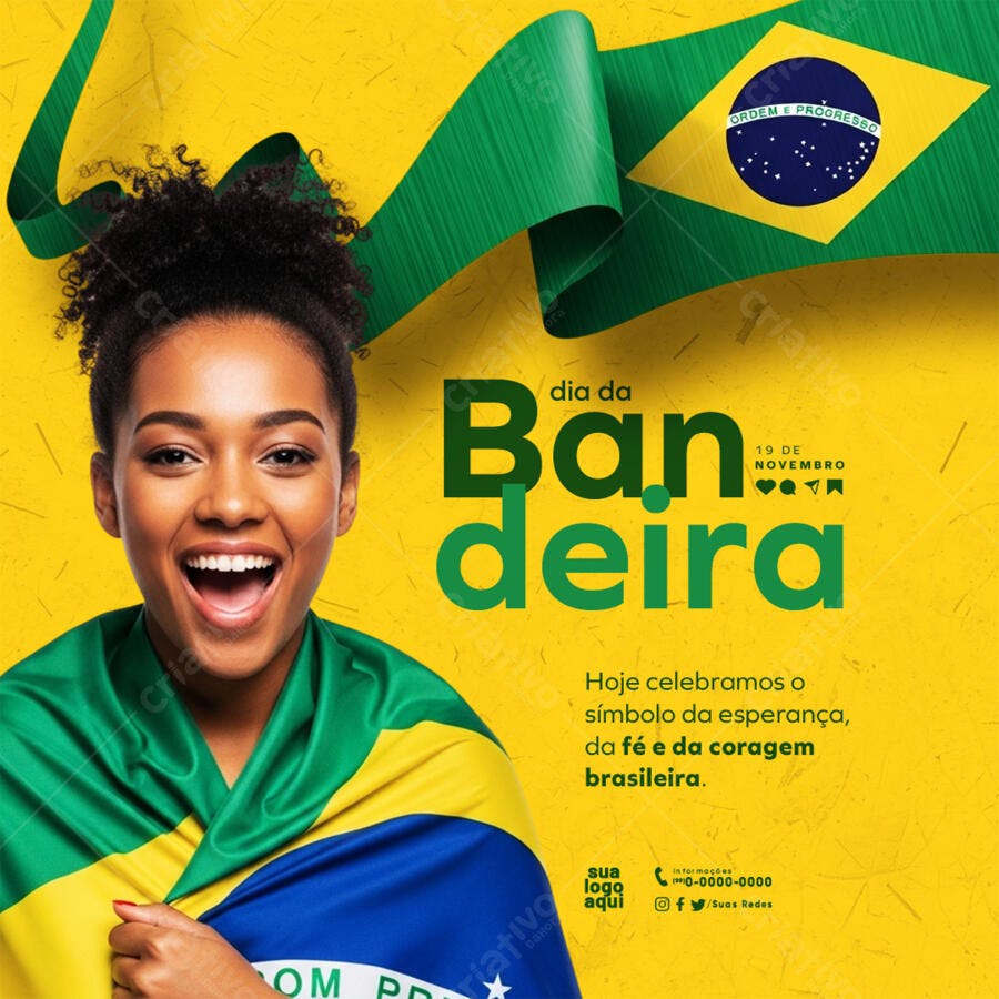 Flyer Social Media Dia da Bandeira Brasil com Mulher Alegre PSD Editável