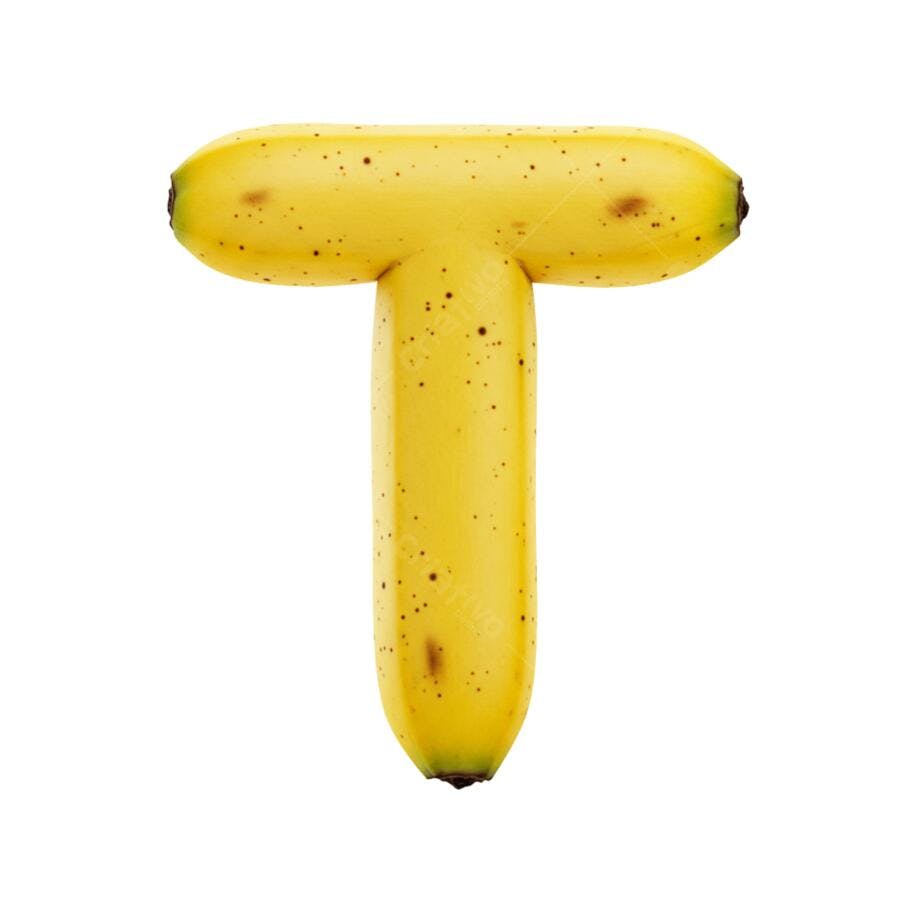 Ícone letra T de banana madura amarela com pontos marrons PNG com fundo transparente