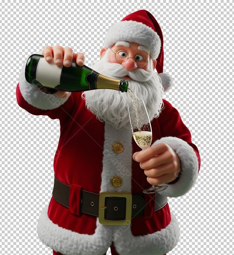 Elemento Gráfico Papai Noel 3D Servindo Champanhe Natal e Ano Novo PNG com fundo transparente