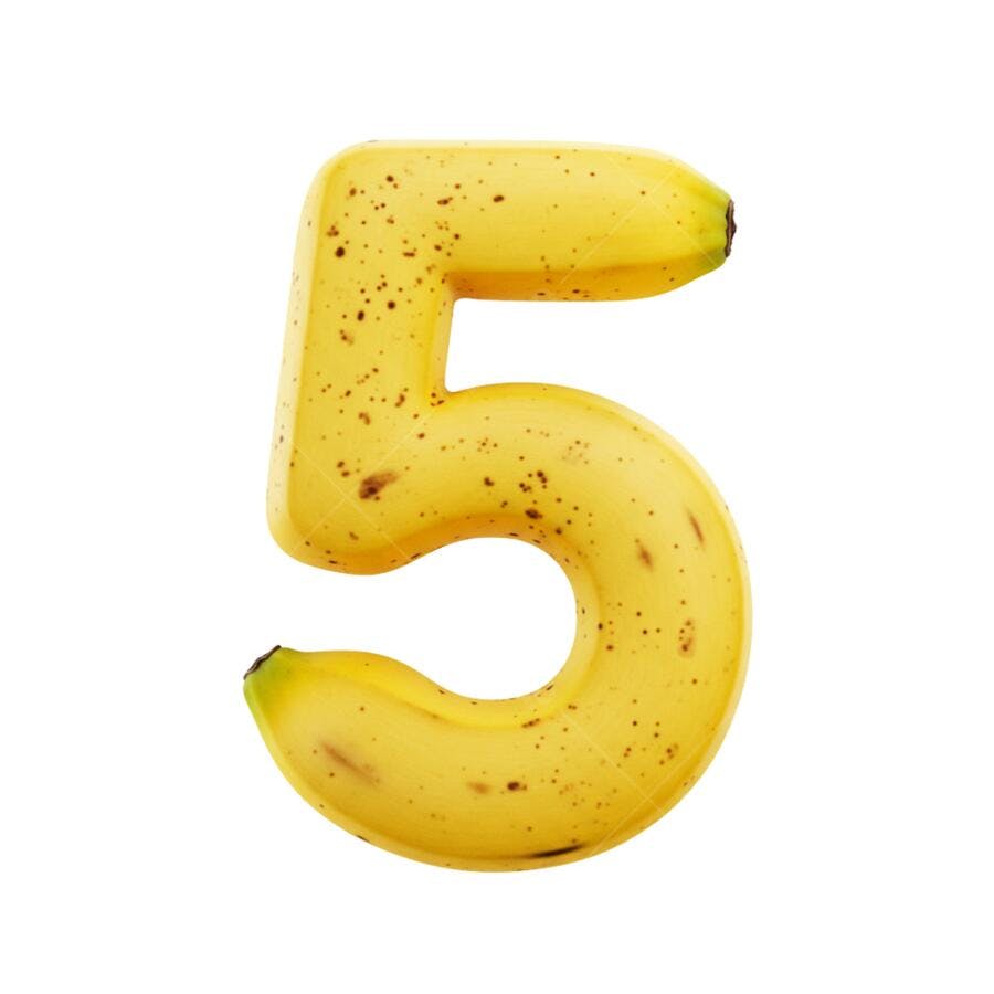 Número 3D cinco banana amarelo maduro com pintas PNG com fundo transparente