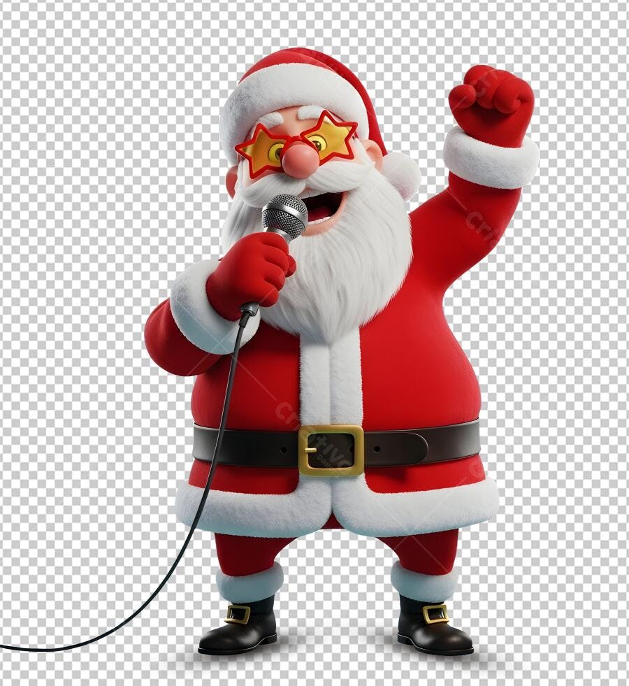 Mascote Papai Noel cantor celebrando Natal com microfone óculos estrela vermelho PNG com fundo transparente