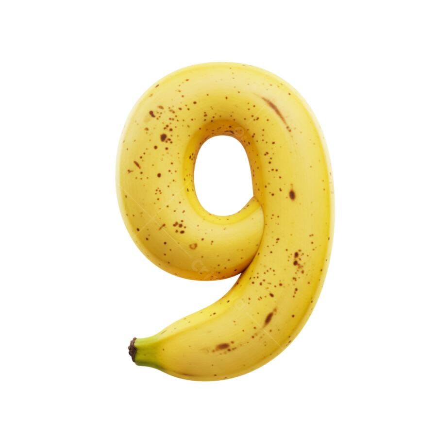 Número 9 de banana madura amarelo para redes sociais PNG com fundo transparente