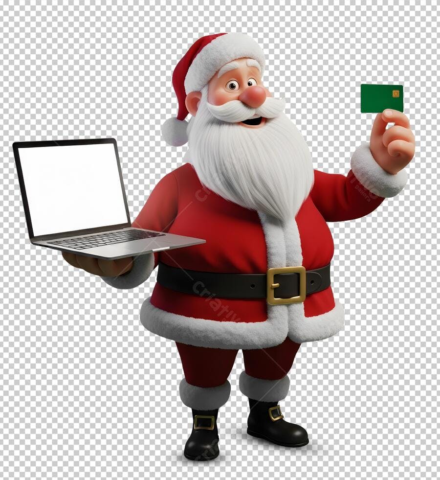 Ilustração Papai Noel com laptop e cartão de crédito para compras online PNG com fundo transparente