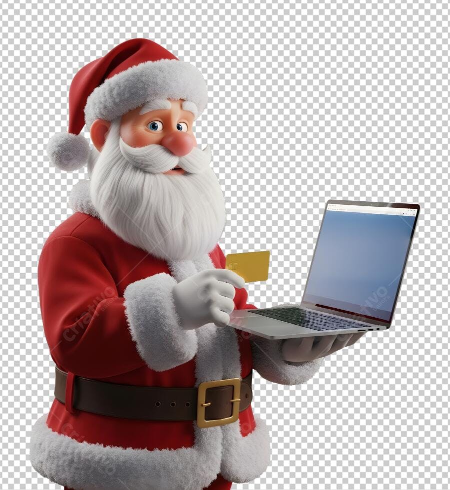 Personagem Papai Noel comprando online com laptop e cartão de crédito PNG com fundo transparente